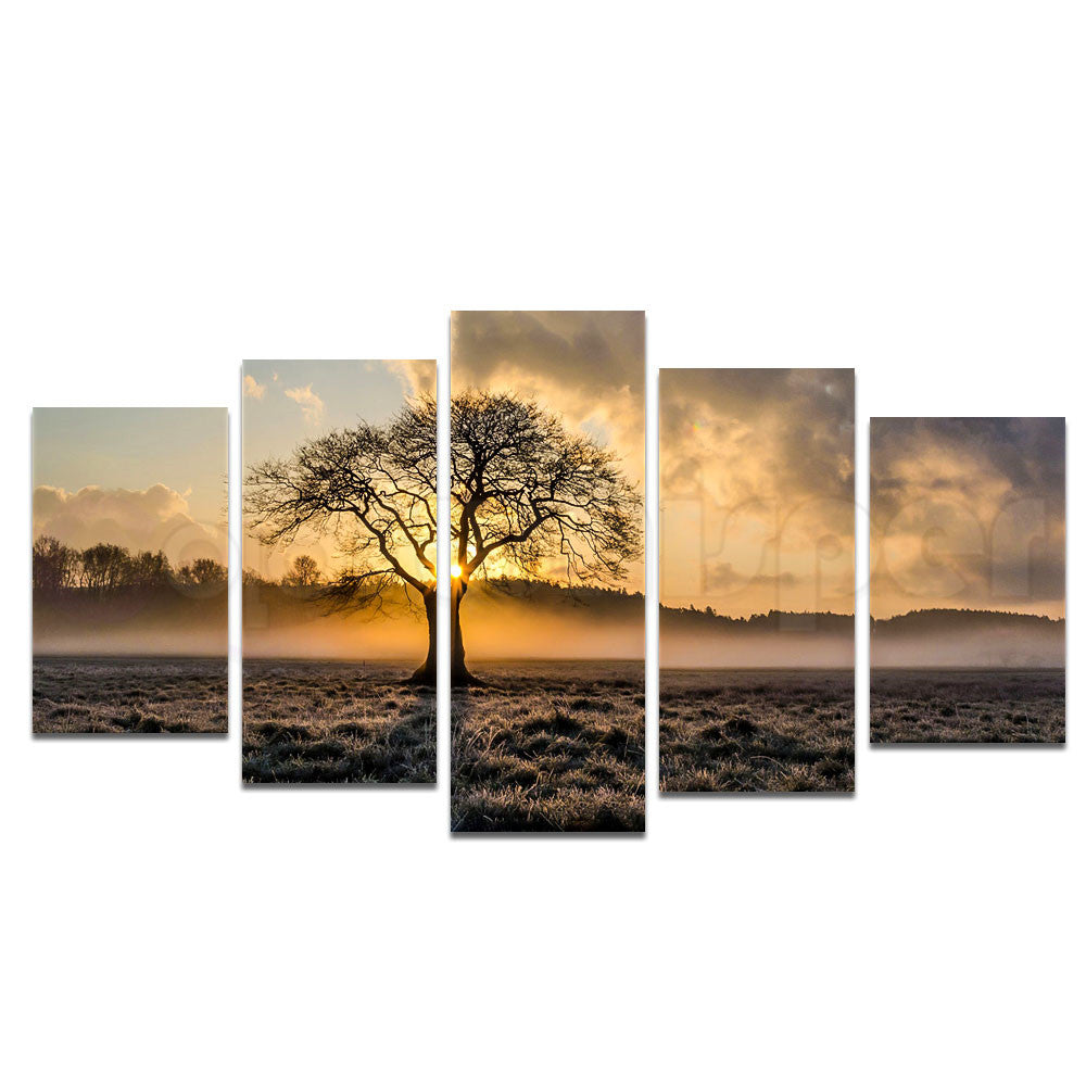 Round sunrise tree landscape grassland crystal cross stitch